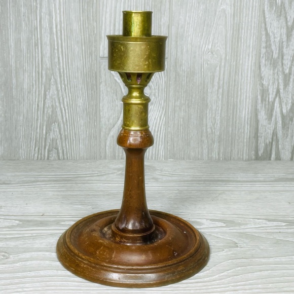 Vintage Brass Turned Wood Georgian Colonial Candlesticks set Holder / Hurricane - Picture 5 of 13